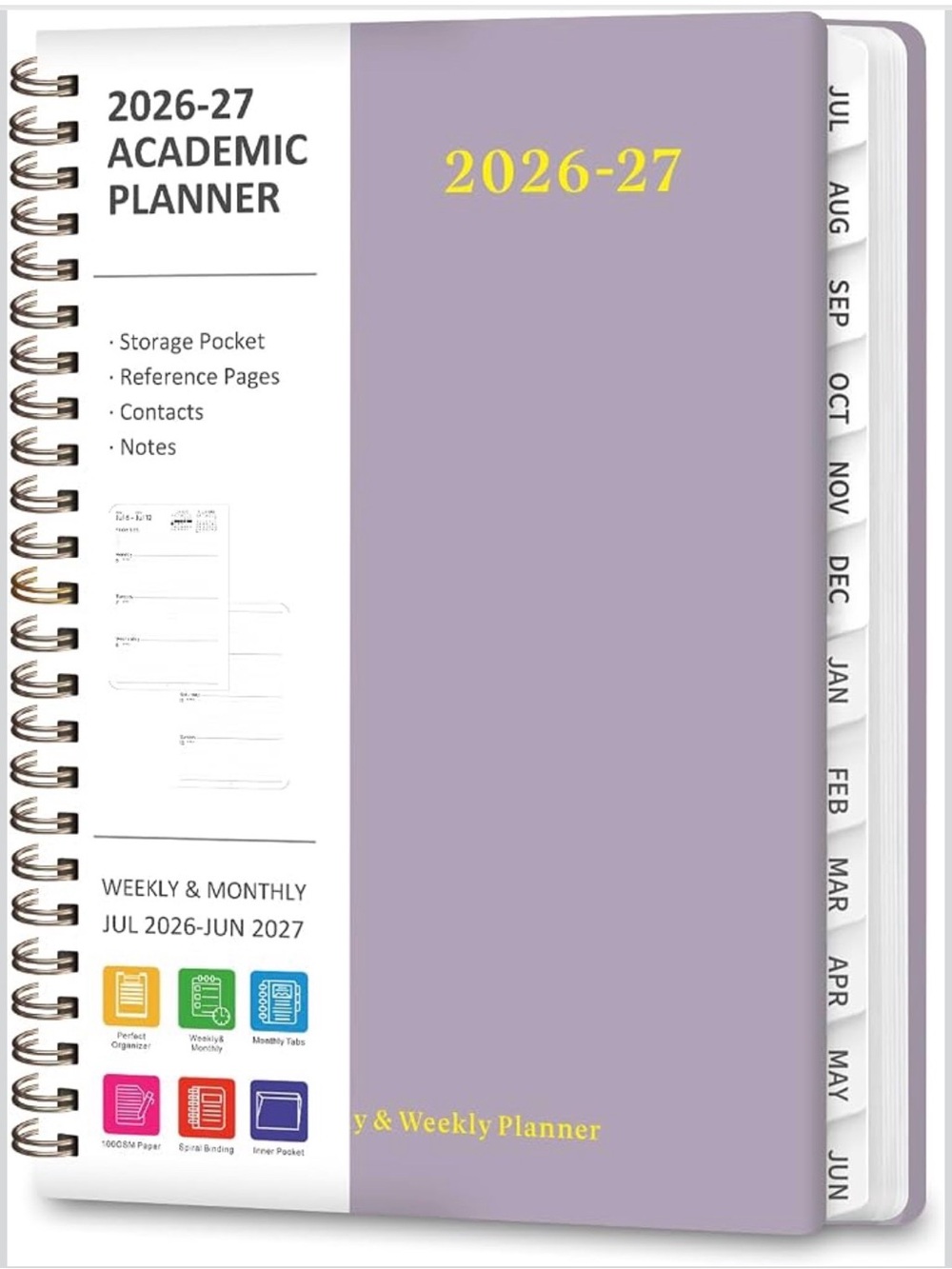 2026-27 Academic Planner Spiral Notebook - Lavender Weekly & Monthly Organizer